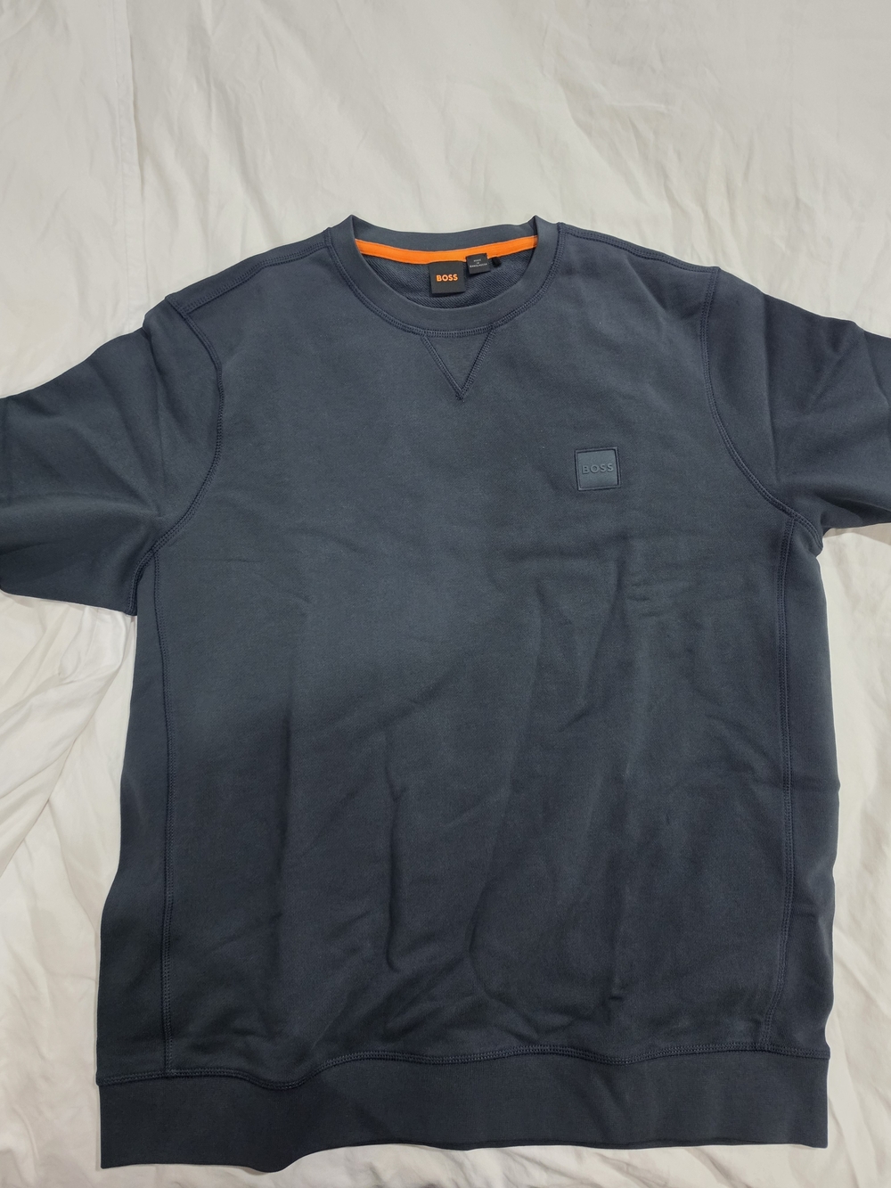 BOSS Men’s Slate Blue Crewneck Sweatshirt with Orange Trim